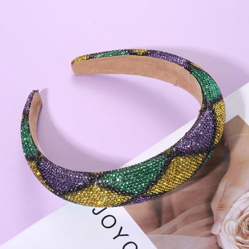 Mardi Gras Headband for Women Sparkly Rhinestone Jeweled Headband Wide Padded Head Band Carnival Parade Holiday Party Headband Hair Accessories Gifts