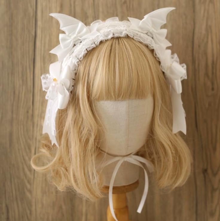 CoBtee Gothic Lolita Headdress Lace Devil Horns Cosplay Headbands Hair band Hair Accessories Headwear Halloween Party (bat Headbands/white)