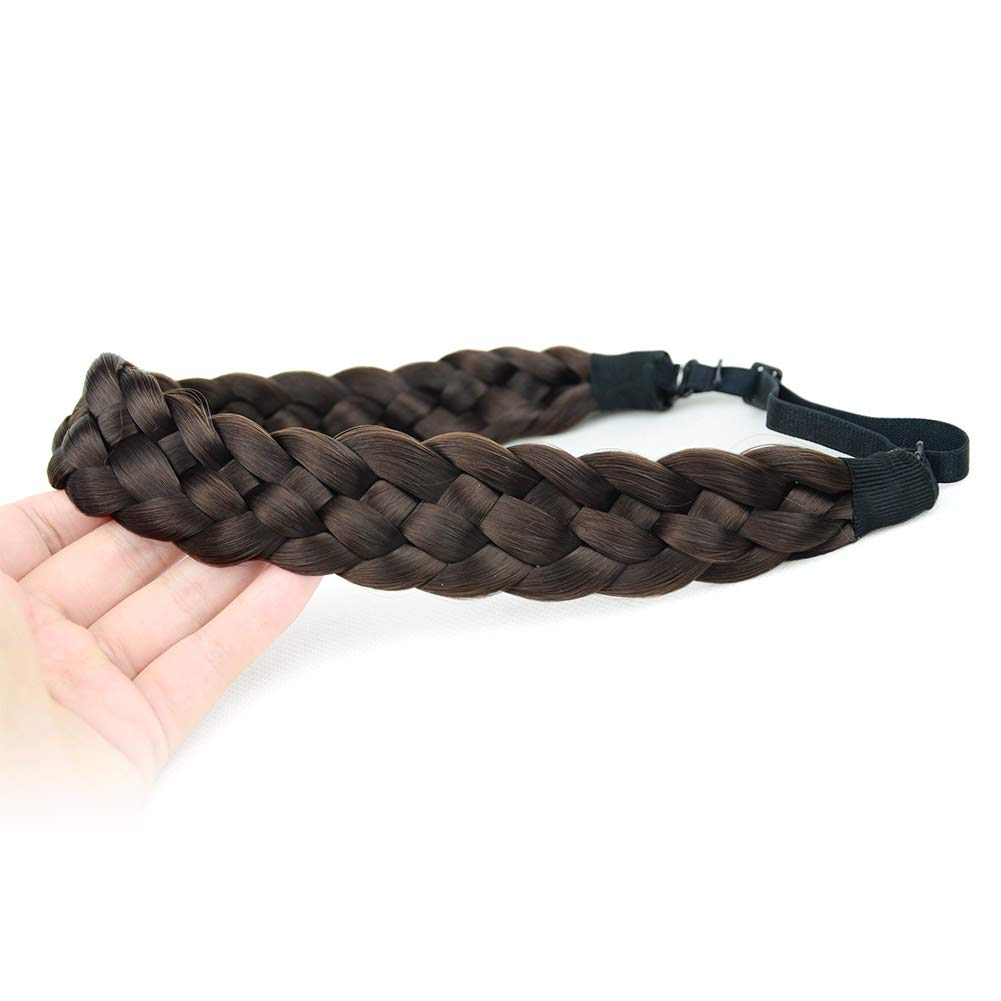 BOBIYA 5 Strands Synthetic Hair Braided Headband Classic Chunky Wide Plaited Braids Headband Elastic Stretch Braid Headband for Women Girl (Chocolate)