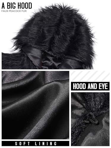 GORAIS Women Hooded Faux Fur Collar Fur Shoulder Wrap Cosplay Costume Fur Cape for Halloween Outfit Black