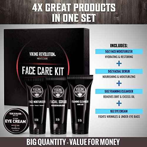 Viking Revolution Men's Facial Skin Care Kit - Includes Rejuvenating Face Moisturizer, Microdermabrasion Facial Scrub, Foaming Cleanser (5oz Each) and Eye Cream (1oz)