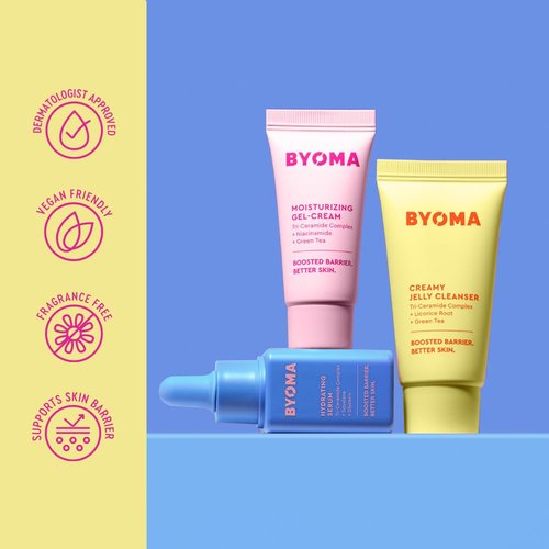 BYOMA So Hydrating Set - Barrier Repair Skincare Trio - Creamy Jelly Cleanser, Hydrating Serum & Ceramide Moisturizer for Dry Skin - Alcohol-Free, Anti-Wrinkle - 30ml, 15ml, 15ml