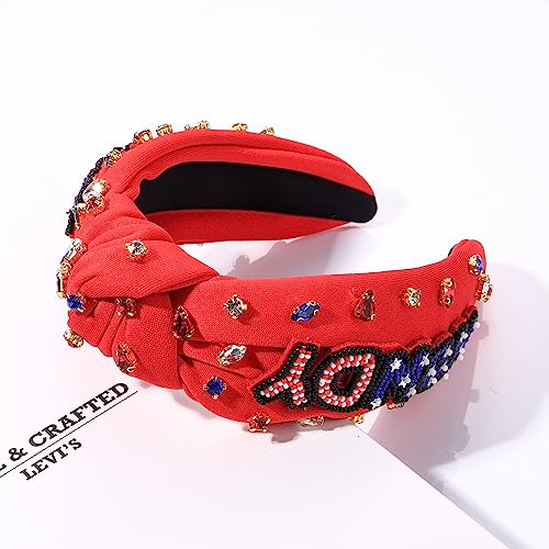 4 th of July Headband for Women American Flag Star Beaded Knotted Headband Headpiece Fourth of July Hairband USA Patriotic Red White and Blue Crystal Jeweled Embellished Headband Boho Wide Top Knot Twisted Hairband Hair Accessories Gift (patriotic headban