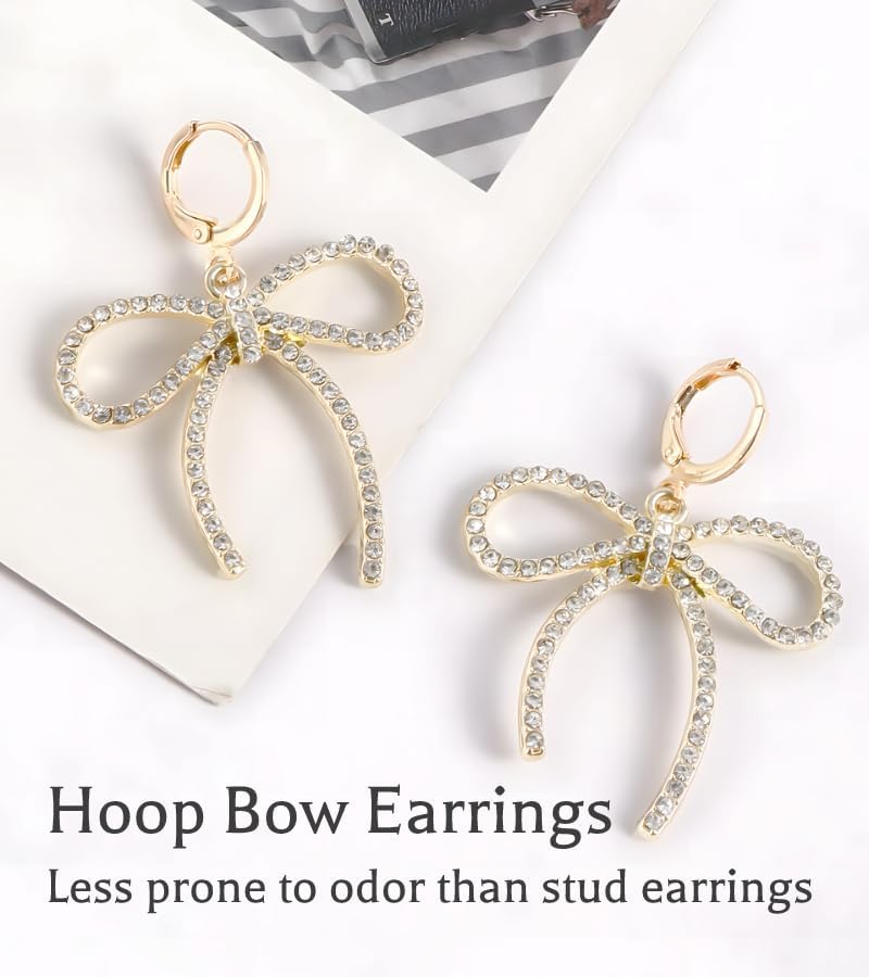 Skiennix Pearl Bow Hoop Earrings - Dainty Faux Pearls & Cute Bowknot Design | Lightweight Gold Plated