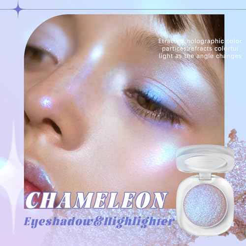 Holographic Duochrome Purple Blue Eyeshadow&Highlighter Palette, Color Shift Glitter Iridescent Cream Highlighter, Smooth Long Lasting Sparkling Eyeshadow Mermaid Facial Illuminator Makeup#04