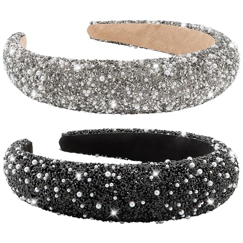 AHONEY 2 Pack Rhinestone Headband for Women Girls, 4th of July Glitter Sequin Beaded Pearls Padded Headbands for Women Prom Sparkly Hair Bling Hair Accessories (Red&White)