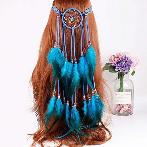 Anglacesmade Bohemian Head Chain White Feather Headband Dreamcatcher Headpiece Prom Party Festival Hair Piece Boho Gypsy Hippie Headdress for Women and Girls (Blue)