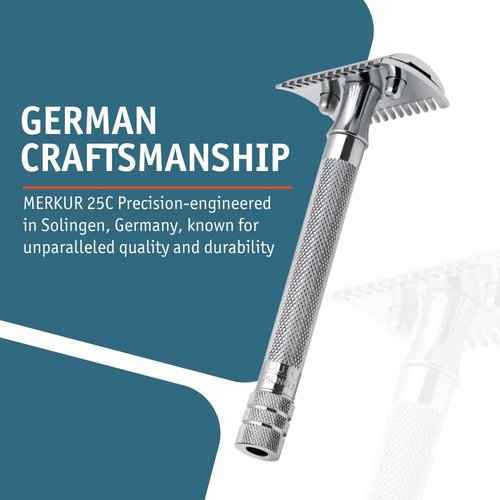 Merkur 25C Double Edge Safety Razor - Bright Chrome, Open Comb Design, Long Handle, Plastic-Free