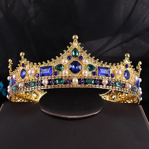 King Crystal Wedding Tiara Vintage Rhinestone Crown Hair Bands For Men Birthday Prom Pageant Hair Accessories (Gold With Blue Stone)