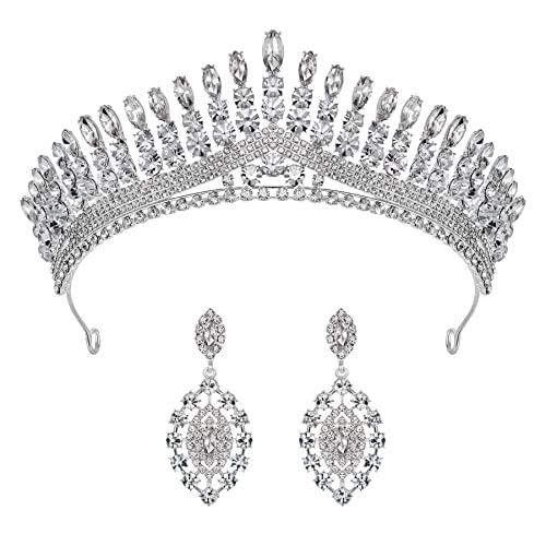 SWEETV Tiara Crown for Women, 2-Pack Wedding Tiara Earrings for Bride, Crystal Queen Crown Princess Hair Accessories for Prom Pageant Quinceanera, Bridal Jewelry Set, Silver