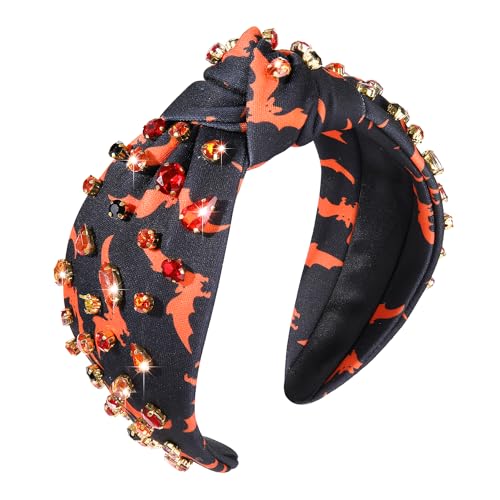 Halloween Headband for Women Pumpkin Witch Hat Charm Knotted Headband Pearl Crystal Embellished Skull Print Top Knot Hairband (E Bat Print Knotted23919)