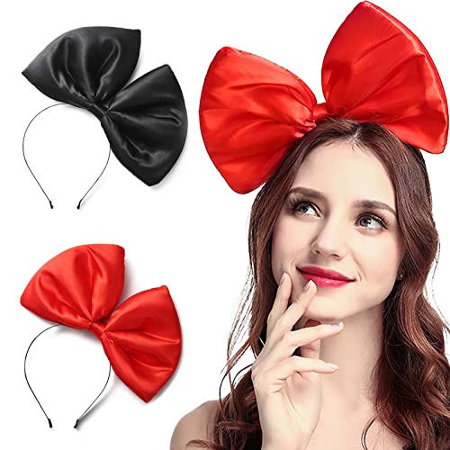 Olbye Bow Headbands Red Bows Hairbands Huge Bowknot Head Bands Large Hair Bow Hot Pink Headband with Bow Hair Accessories for Halloween Christmas Party Costume Cosplay 2Pcs (Black+Red Bows)