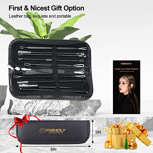 MENOLY Pimple Popper Tool Kit 10 Pcs, Pimple Blackhead Remover Tool Zit Popper for Blemish, Pimple Comedone Extractor Acne Tool for Blackheads, Acnes, Whiteheads Nose Face Tools with Leather Bag