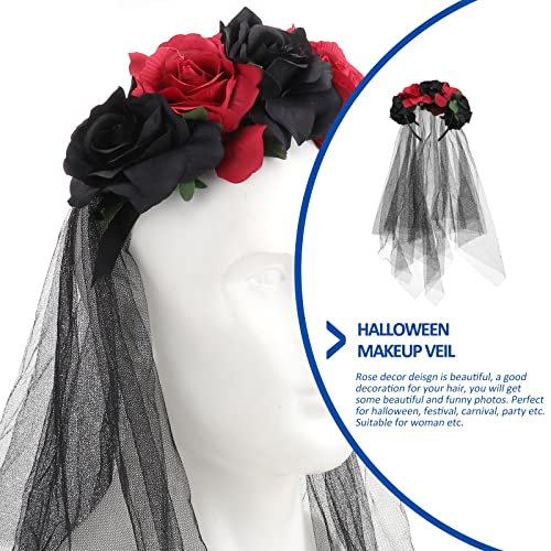 Beaupretty Halloween Headband with Roses Veil Day of the Dead Headpiece Flower Crown Veil