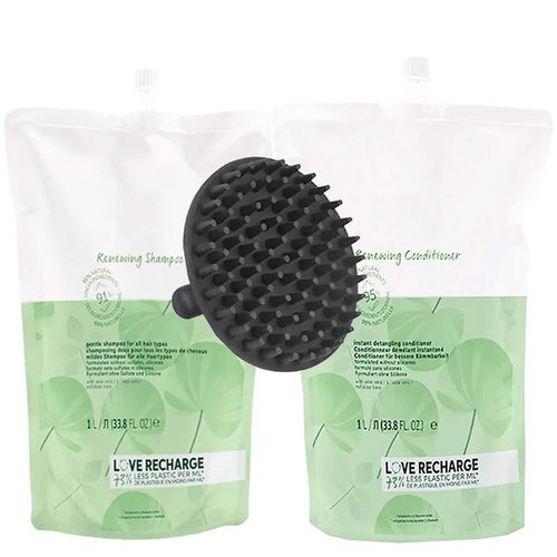 Elements Renewing Shampoo & Conditioner Duo Set - 1 Liter Pouch with M Hair Designs Scalp Brush for Healthy, Revitalized Hair