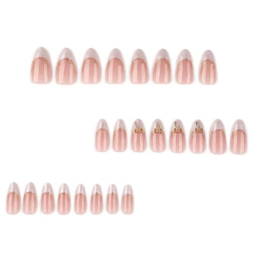 geyakal French Tip Press on Nails - Almond Fake Nails - Bow False Nails Press ons - Medium 3D Gold Acrylic Glossy - Cute Glue on Nails - for Women Artificial Stick on Nail 24 Pcs