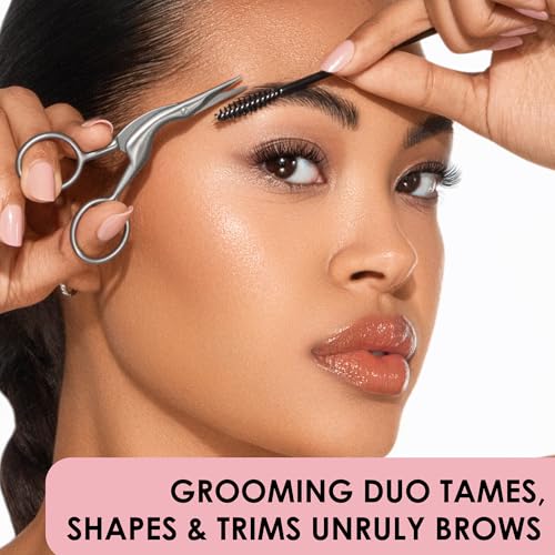JAPONESQUE Brow Scissors and Spoolie, Stainless Steel Scissors for Brow Grooming and Trimming, Brush Tool for Brow Shaping