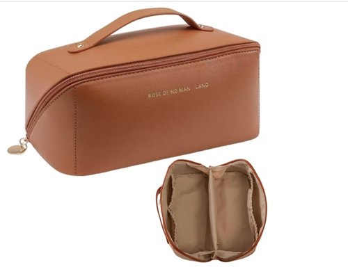 Travel Makeup Bag, Large Capacity Cosmetic Bags for Women, Waterproof Portable Open Flat Toiletry Bag Make up Bag with Divider and Handle, Gifts for Women (I-Brown, Medium)
