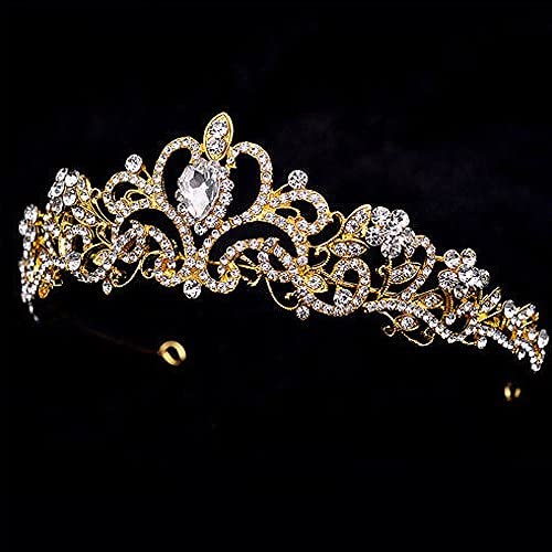 Quinceanera Princess Crown for Adult Rhinestone Tiara Birthday Bridal Pageant (Gold)