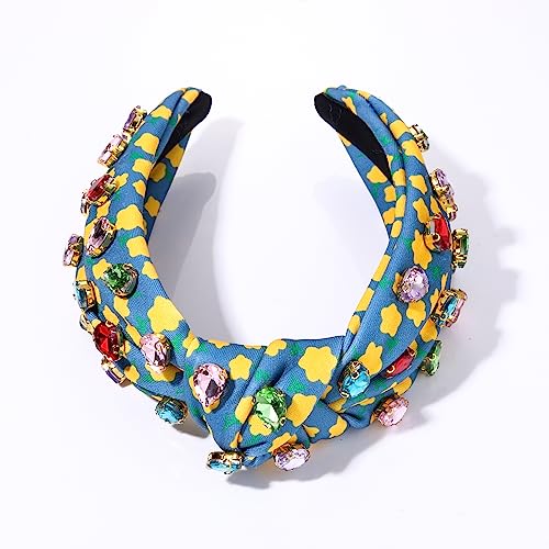 Crystal Knotted Headband for Women Colorful Rhinestone Jeweled Embellished Flower Printed Wide Top Knot Hairband Vibrant Floral Pattern Turban Hair Hoop Funny Gift for Ladies Girls Sister