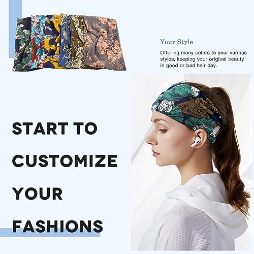 Carede Wide Headbands for Women Girls,Floral Printed Boho Headband Turban Knot Hairband Twist Workout Headbands Fashion Yoga Hair Bands,Pack of 6