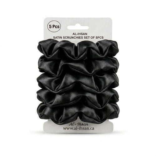 Black Satin Scrunchies for Hair - 5 Pcs Silk Soft Hair Ties for Women - No Crease Elastic Ponytail Holders - Anti Frizz Hair Accessories for Sleeping, Curly Hair & Gym - Gentle No Breakage Sleepy Tie