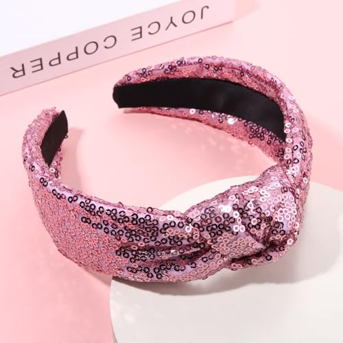 HEIDKRUEGER Glitter Sequin Headbands Soft Knotted Hairband Sparkle Fashion Headband for Women Girls Bar Stage Sing Dance Party Hair Accessories (B Pink)