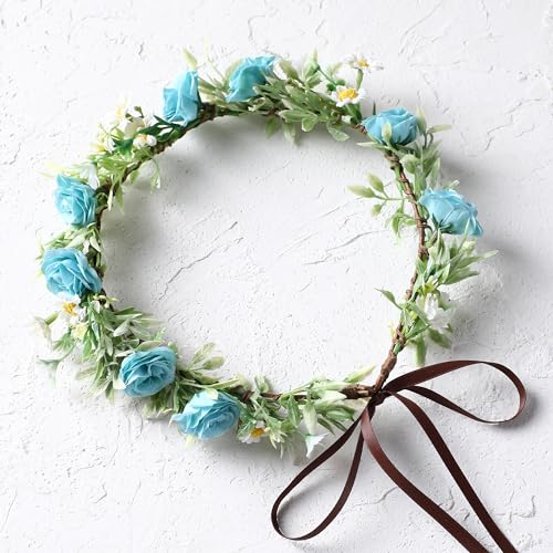 KorViSHOW Floral Crown Flower Headband - Blue Elegant Floral Headpiece Artificial Floral Crown Bridal Headpiece Photo Props for Women Girls Birthday Party Festivals