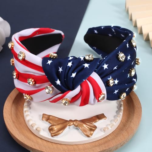 Ardorchid American Flag Knotted Headbands 4th of July Independence Day USA Patriotic Rhinestone Hair Accessories Wide Knotted Headbands for Women Girls Gifts