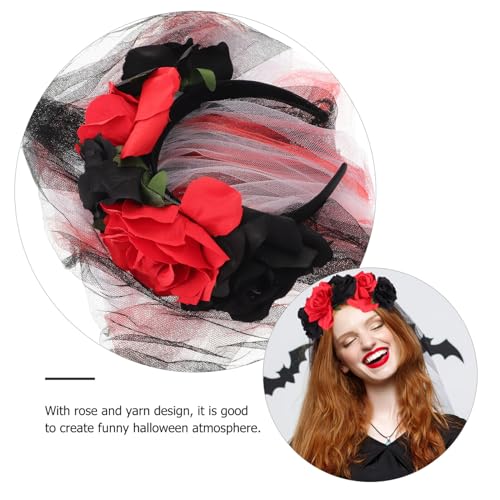 minkissy Halloween Ghost Festival Party Hair Accessories Black Rose Headband with Veil Halloween Flower Cosplay Wedding Headpiece Black Costume Veil Europe Gothic Polyester Cloth Women's