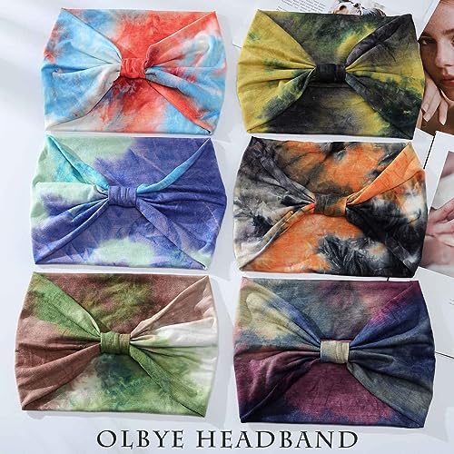 Olbye Headbands for Women Wide Boho Hairbands Knotted Turban Headband Tie Dye Non Slip Elastic Head Bands Floral African Workout Head Wraps Solid Color Yoga Sweatband Cotton Head Scarfs Bohemian Hair