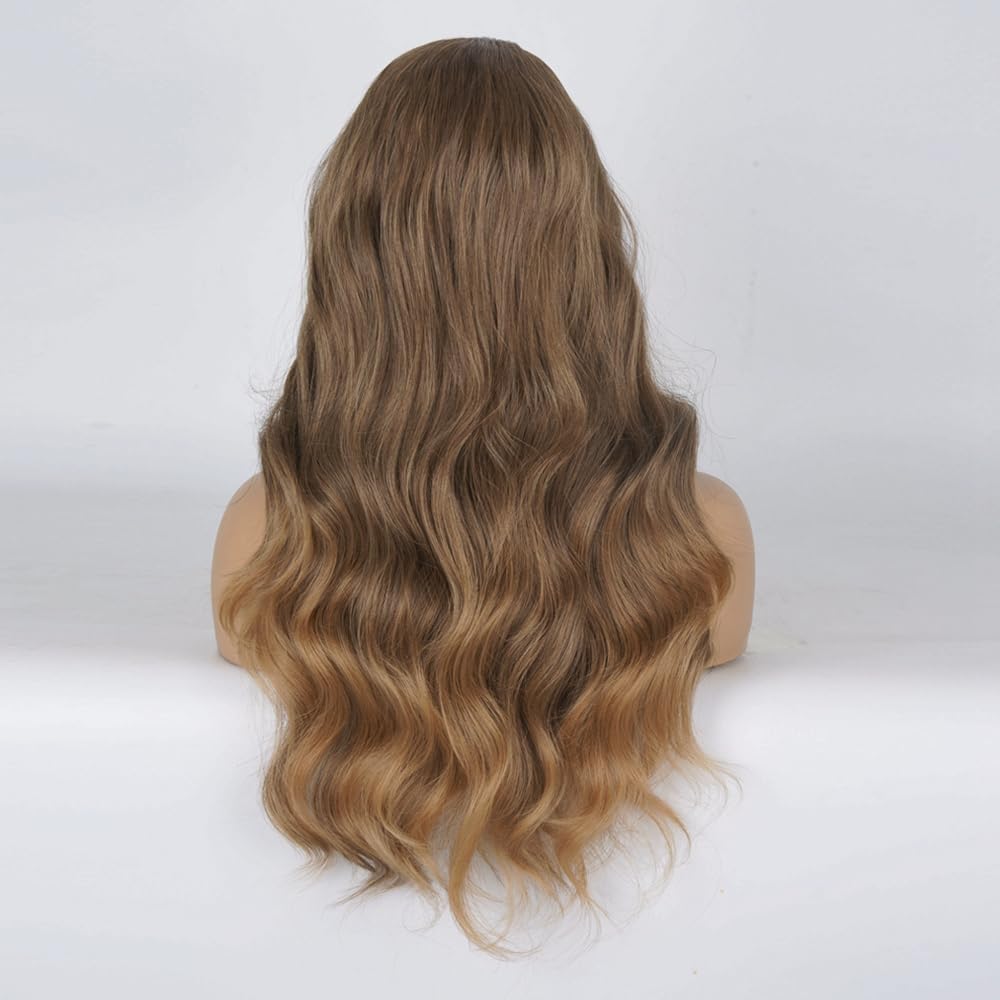 Long Wavy Headband Wigs for White Women, Gluless Wear and Go Half WIg, Natural Looking Synthetic Wig with Headband Attached Heat Resistant (Brown mixed Blonde)