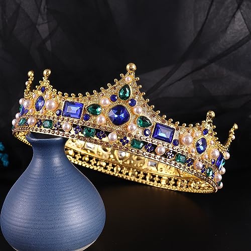 King Crystal Wedding Tiara Vintage Rhinestone Crown Hair Bands For Men Birthday Prom Pageant Hair Accessories (Gold With Blue Stone)