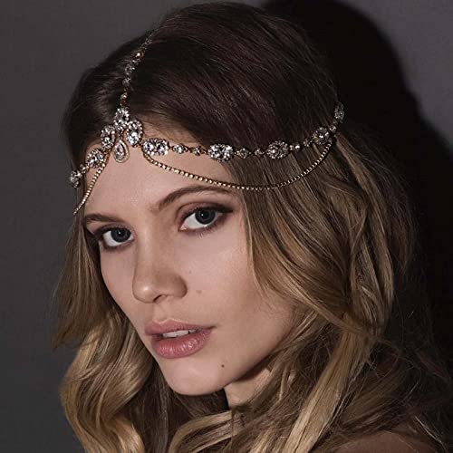 Acenail Rhinestone Head Chain Hair Jewelry Wedding Bride Headpieces Gold Headbands Women Head Jewelry Boho Hair Chains Bridal Halloween Hair Accessories (Gold)