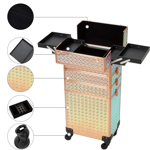 CHANNCASE 4 in 1 Portable Traveling Aluminum Professional Makeup Trolley Cart with Multiple-Sized Compartments and Wheels (Golden diamond)