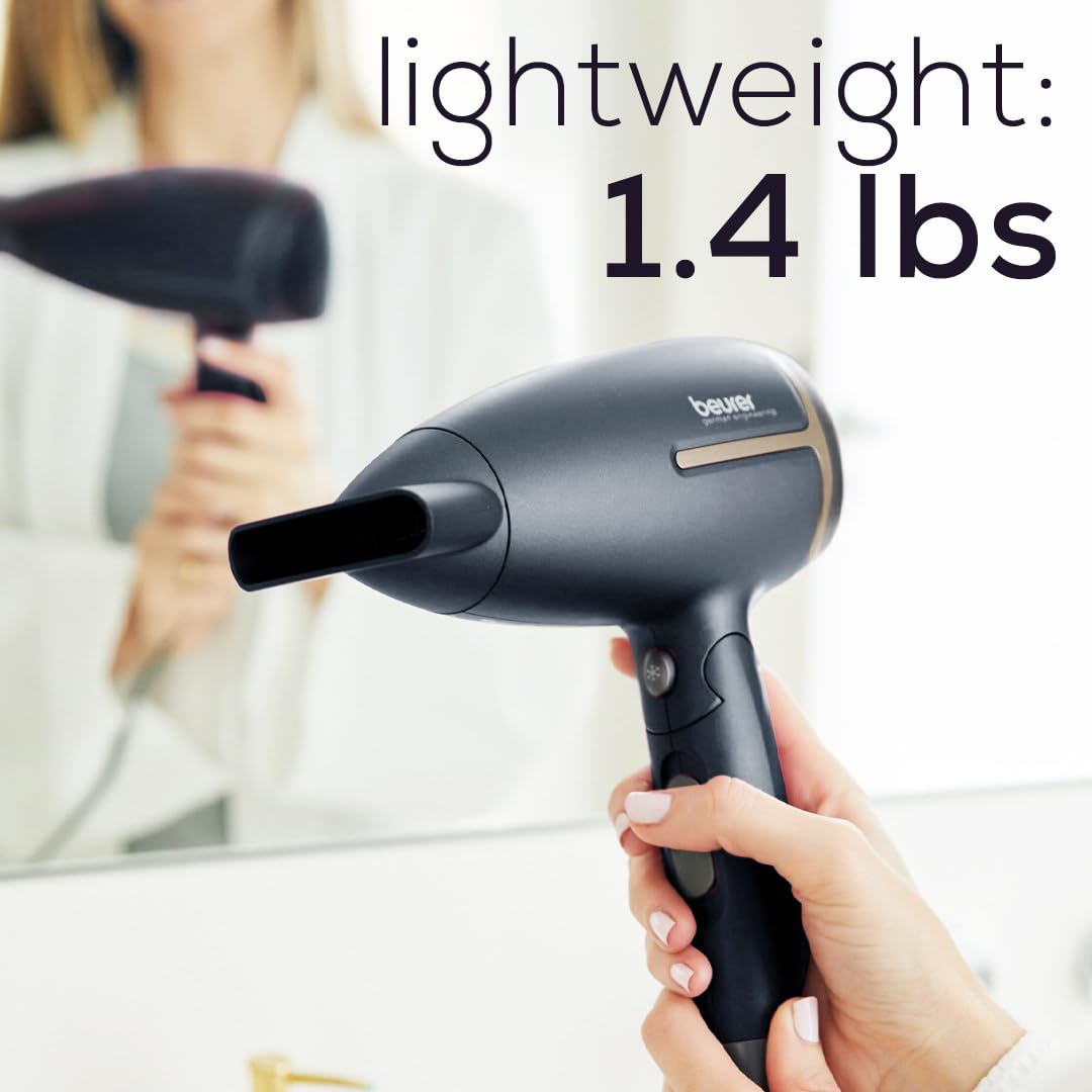 Beurer Ionic Hair Dryer - 1600W Travel Blow Dryer with Voltage Switch & Foldable Handle | Black/Rose Gold
