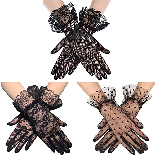 Malaxlx 3 Pairs Womens Long Lace Gloves Elbow Length Fingerless Lace Gloves Bridal Gloves for Wedding Opera Party