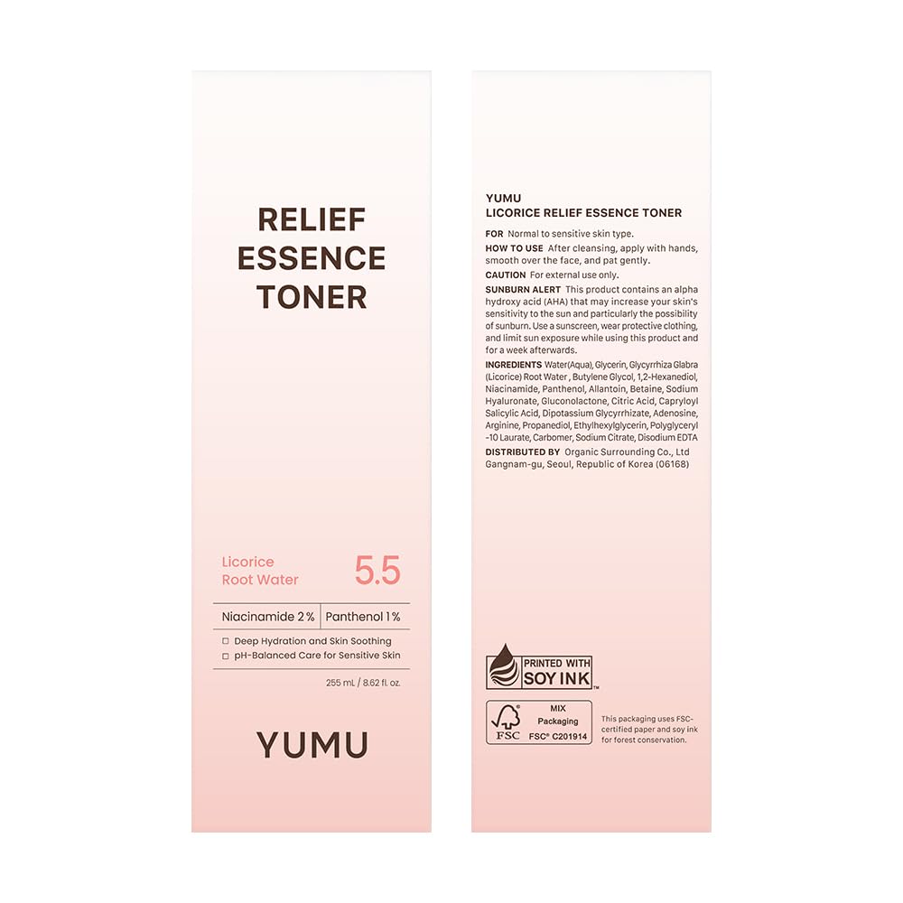 YUMU Licorice Relief Essence Toner for Sensitive Skin, Niacinamide, Panthenol, Fragrance-Free, Soothing & Hydrating (255ml / 8.62 fl. oz.)