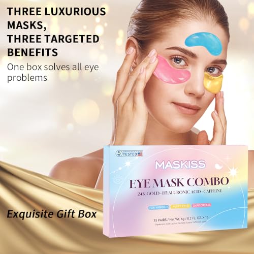 Maskiss Under Eye Patches (15 Pairs), Easter Gifts for Women, 3 Colors Eye Masks Gift Set for Dark Circles Puffy Eyes, Undereye Bags and Wrinkles, Vegan Skin Care Gifts for Teen Girls