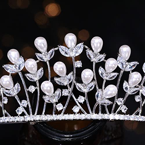 Aoligrace Luxury Cubic Zirconia Pearls Wedding Tiaras and Crowns for Women Fairy Bridal Headwear Birthday Party Hair Jewelry