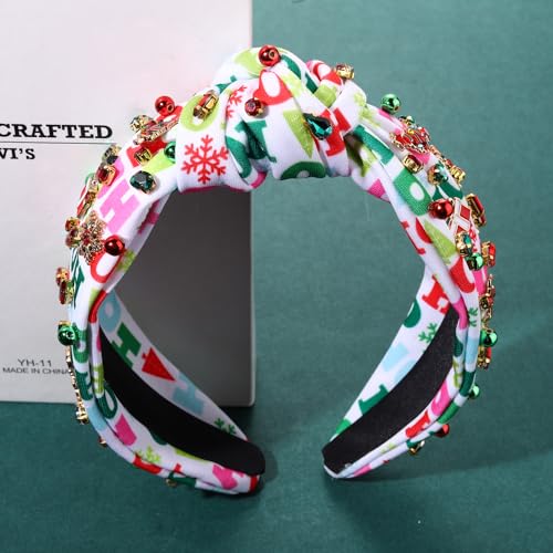 PHALIN Christmas Holiday Headband for Women Christmas Accessories Reindeer Snowflake Candy Cane Knotted Headband Red Green Beaded Rhinestone Pearl Wide Top Knot Headband Xmas Plaid Hairband (HOHOHO)