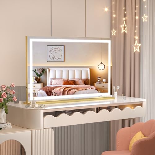 Hasipu Vanity Mirror with Lights, 41.3" x 30" LED Makeup Mirror, Lighted Makeup Mirror with Dimmable 3 Modes, Touch Screen Control Vanity Mirror Round White