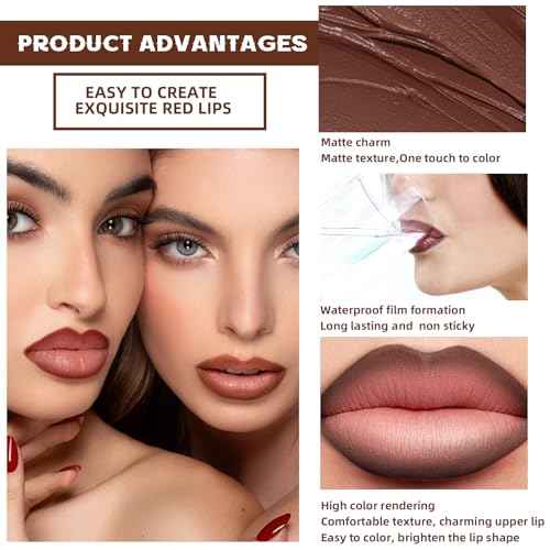 3 Colors 2 in 1 Lip Liner Set, Matte Nude Dark Brown Red Lip Liner Plumping Smooth Creamy Lip Pencil, High Pigmented Long lasting Light Brown Lipstick Makeup, 02+04+06