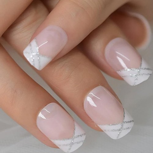 CurvLife Tip Press on Nails Acrylic Fake Nails with Design Full Cover False Nails for Women Reusable Nail Kit with Nail Glue Adhesive Tabs Nail File (Ivory with silver trim, 30pcs)
