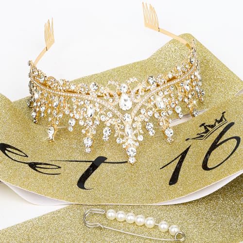 CIEHER Sweet 16 Birthday Sash & Dazzling Crown and Pearl Pin Set for Sweet 16 Birthday Decorations, Sweet 16 Tiara 16th Birthday Crown Sweet 16 Gifts for Girls Sweet 16 Birthday Party Decorations