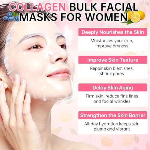 Collagen Face Masks Skincare Set for Women, Spa Face Mask with Collagen Extract, Bulk Facial Masks for Teen Girls, Korean Face Mask Sheet Gift for Sensitive Skin, Daily Hydrating Skincare Routine
