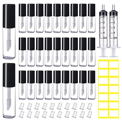 AMORIX 50PCS Mini Lip Gloss Tubes with Wand 1.2ml Empty Containers Clear Refillable Travel Lip Balm Bottles for Samples with 5ml Syringes DIY Lip Gloss Base + Tag Labels Stickers (Black)