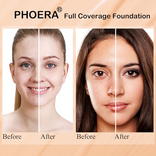 PHOERA Foundation, PHOERA Matte Liquid Foundation,PHOERA Makeup for Women, PHOERA Foundation Full Coverage Concealer, 30ml 24HR Matte Oil Control Concealer (101+102/Porcelain+Nude)