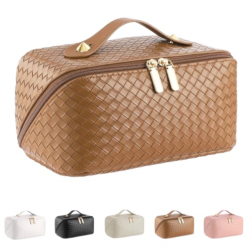 ALEXTINA Large Capacity Travel Cosmetic Bag - Portable Makeup Bags for Women Travel Toiletry Bag Waterproof Leather Checkered Makeup Organizer Bag for Travel Essentials, Open Flat Make up Bag, Black