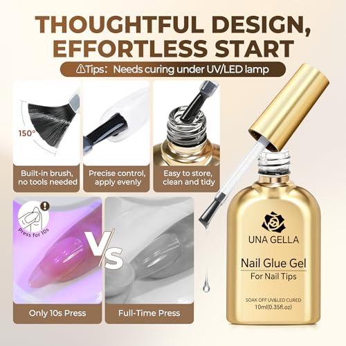 UNA GELLA Short Almond Fake Nails 216pcs Pre-Shape Gel Acrylic Nail Tips for Full Cover Nail Extension Home DIY Nail Salon 12 Sizes Gelly Tips